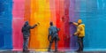 Group of men of different backgrounds actively painting a vibrant rainbow colored wall outdoors Royalty Free Stock Photo