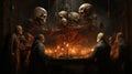 A group of men looking at a table with skulls from the ceiling