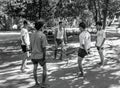 group of men playing chinlone in Bagan at their break time, Myanmar Royalty Free Stock Photo