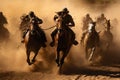 A group of men riding on the backs of powerful horses, traversing the terrain together, A horse race in the dusty wild west, AI