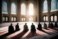 a group of men sit and pray in a mosque with the sun shining through the windows Royalty Free Stock Photo