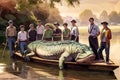 A group of men stand in front of a crocodile on a boat.