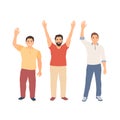 Group of men with their hands up voting. Volunteering. Hand drawn vector illustration