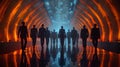 A group of men walking down a tunnel with orange lights, AI Royalty Free Stock Photo