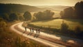 A group of men and women cycling through a rural landscape generated by AI