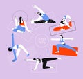 Group of men and women do yoga. Yoga flow. Yoga time. Flat vector illustration. Yoga health benefits of the body, mind Royalty Free Stock Photo