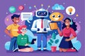 Group of men and women interact with a friendly robot, discussing and using technology together, Men and women communicate and Royalty Free Stock Photo