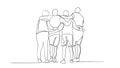 A group of men and women standing together have their friendship one line drawing. Single continuous line drawing about group of