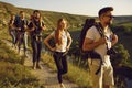 Group of men and women walk in a row along the trail during a walking tour of the mountains. Royalty Free Stock Photo