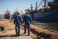 A group of men working on a dock next to a large ship in ship repair factory. Back side view. Ship building