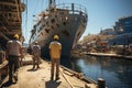 A group of men working on a dock next to a large ship in ship repair factory. Back side view. Ship building