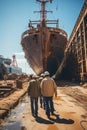 A group of men working on a dock next to a large ship in ship repair factory. Back side view. Ship building