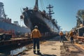 A group of men working on a dock next to a large ship in ship repair factory. Back side view. Ship building Royalty Free Stock Photo