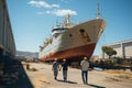 A group of men working on a dock next to a large ship in ship repair factory. Back side view. Ship building