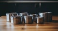 A group of metal containers sitting on top of a wooden table. Generative AI image.