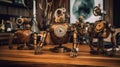 A group of metal robots made of small mechanic parts on top of a wooden table. AI generative image.