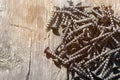 A group of metal screws on a wooden surface. Royalty Free Stock Photo