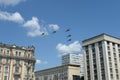 A group of Mi-28N `Night hunter` attack helicopters in the sky over Moscow during the parade dedicated to the 75th anniversary of Royalty Free Stock Photo
