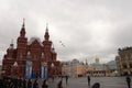 A group of Mi-35 M and Mi-24 attack combat helicopters in the sky over Moscow`s Red Square during the Victory Air Parade