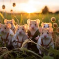 A group of mice scurrying across a field of grass.