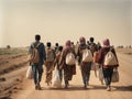 A group of migrants with children walk along a dusty road. Royalty Free Stock Photo