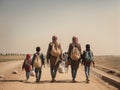 A group of migrants with children walk along a dusty road.