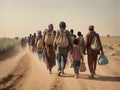 A group of migrants with children walk along a dusty road.