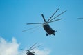 A group of military helicopter flies in the sky