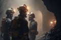 Group of mine workers wearing hardhats and helmets standing in a mine created by generative AI