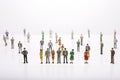 Group of miniature people over white background standing in line Royalty Free Stock Photo