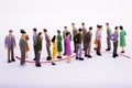 Group of miniature people over white background standing in line Royalty Free Stock Photo