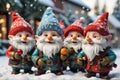 A group of mischievous gnomes joyfully play with Christmas decorations in a picturesque winter garden. Captures the enchanting and