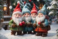 A group of mischievous gnomes joyfully play with Christmas decorations in a picturesque winter garden. Painting captures the