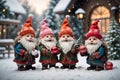 A group of mischievous gnomes joyfully play with Christmas decorations in a picturesque winter garden. Painting captures the