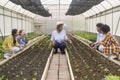 Group of mixed race students and teacher learning agriculture technology in smart farming , education ecology agricultural