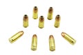 A group of 9mm. bullets isolated on a white background
