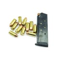 Group of 11mm bullets and magazine isolated Royalty Free Stock Photo