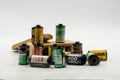 A Group of 35mm Negative films : Fujifilm ,Kodak , Agfa ,Lomography ,Ilford and The Wooden Film Case Royalty Free Stock Photo