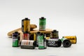 A Group of 35mm Negative  films : Fujifilm ,Kodak , Agfa ,Lomography ,Ilford and The Wooden Film Case Royalty Free Stock Photo