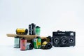 A Group of 35mm Negative films : Fujifilm ,Kodak , Agfa ,Lomography and Rollei 35T German Camera and The Wooden Film Case Royalty Free Stock Photo