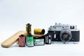 A Group of 35mm Negative films : Fujifilm ,Kodak , Agfa ,Lomography and Zorki 4K Russian Camera and The Wooden Film Case