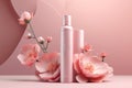 Group of mockups of bottles for cosmetics. White samples stand on a stage with pink flowers