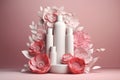 A group of mockups of bottles for cosmetics. White samples stand on a stage with pink flowers and leaves. Isolated pink background