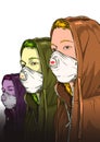 group of models posing. they wear a hoodie and breathe through a protective mask. illustration