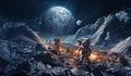 A group of modern astronauts is depicted exploring the hazardous surface of the moon in outer space, showcasing the