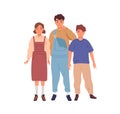 Group of modern children or teen standing together vector flat illustration. Smiling girl and boys posing isolated on
