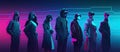 Group of modern Cyberpunk people banner in purple and teal tone, for Futuristic concept.