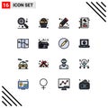 Group of 16 Flat Color Filled Lines Signs and Symbols for map, menu, compose, coffee, stationery Royalty Free Stock Photo