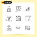 Pack of 9 Modern Outlines Signs and Symbols for Web Print Media such as finance, fire, growth, shield, access