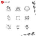 Group of 9 Modern Outlines Set for logo, technology, currency, interface, toch Royalty Free Stock Photo